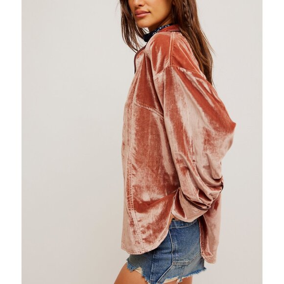 FREE PEOPLE NWT We The Free Luxy Solid Velvet Shirt / Cedar Wood - Picture 2 of 12
